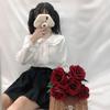 Boy Beyaz Gömlek Kadın Kawaii Peter Pan Yaka Bluzlar Düğme Yukarı Uzun Kollu Sevimli Fırfır Üstleri Lolita Tarzı Mori Kız Estetik