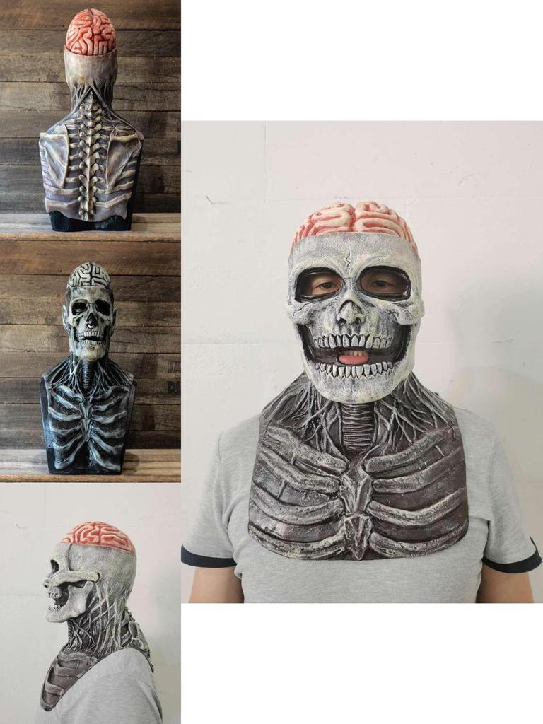 Zlověstná kostlivá biochemická maska pro halloweenské převleky, celoobličejová silikonová rekvizita s přiloženým kloboukem