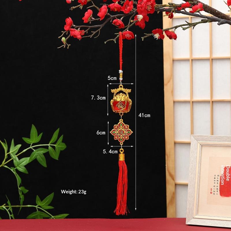 Lunar New Year Lucky Hanging Ornament with Red Tassel Golden Charm Festive Portable Decor for Travel Hotel Room Spring Festival