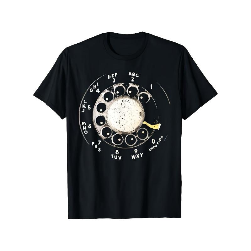 

European sizes Retro Rotary Telephone Dial Graphic T-Shirt - Vintage 1960s/70s Inspired Design with White Rotary Dial & Numbered Buttons 4XL чорний