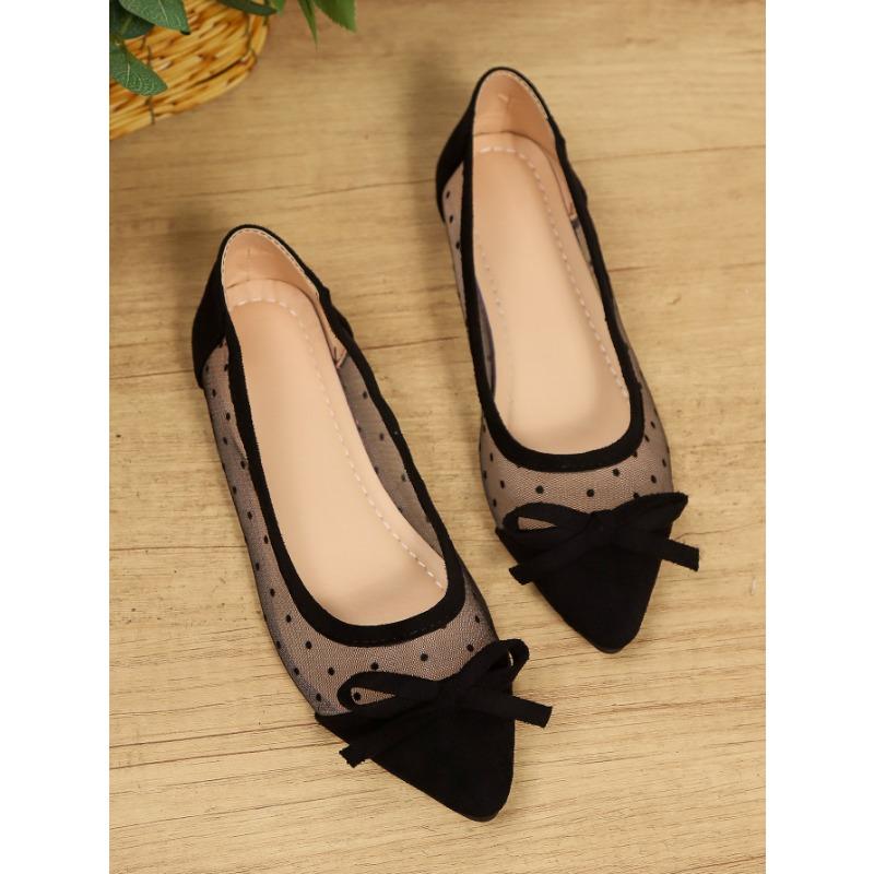 Korean Summer Breathable Single Shoe Flat Heel Bow Mesh Pointed Flat Sole Shoes