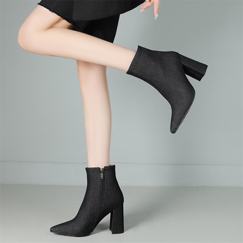 FOREADA Damen Stiefeletten Spitz Zehenbereich Klobige Hohe Absätze Reißverschluss Denim Kurze Stiefel Damenmode Herbst Winterschuhe Dunkelblau 43