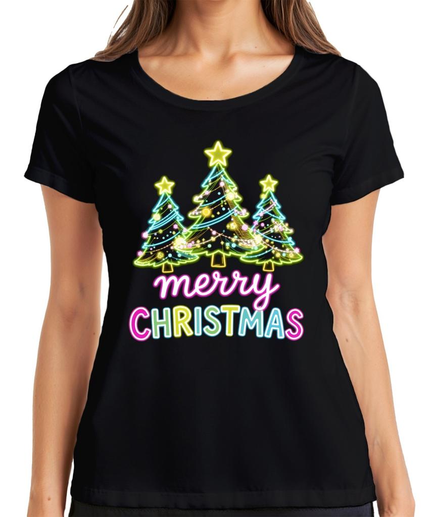 Merry Christmas Neon Christmas Trees Light Up Font Retro Gift Ladies TShirt