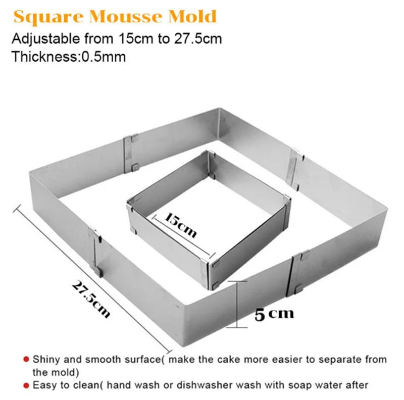 Adjustable Mousse Ring 3D Round & Square Cake Mold Stainless Steel Baking Mould Kitchen Dessert Accessories Cake Decorating Tool