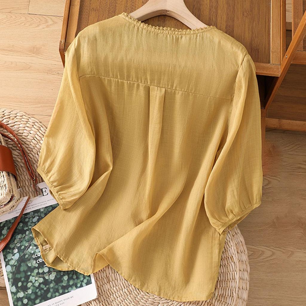 Women's Cotton And Linen Embroidered Loose Retro Round Neck Pullover Top