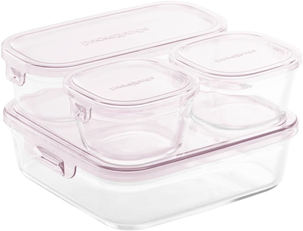 [Amazon.co.jp Exclusive] iwaki Heat-Resistant Glass Storage Containers, Sheer Rose, Set of 4, Pack & Microwave, F-PRN4P2