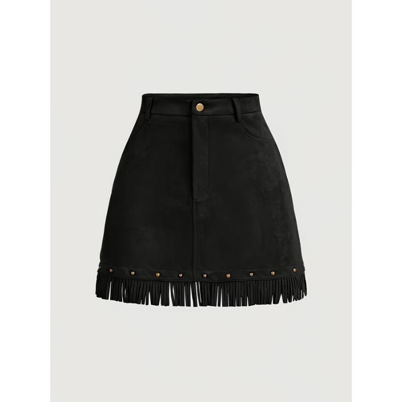 High-Waisted A-Line Tassel Hem Faux Suede Mini Skirt