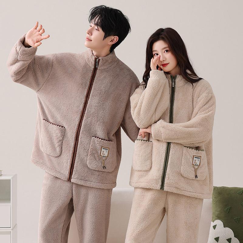 Couple Pajamas Women'S Autumn And Winter Coral Fleece Thickened Fleece Warm Flannel Zipper Men'S Loungewear Set