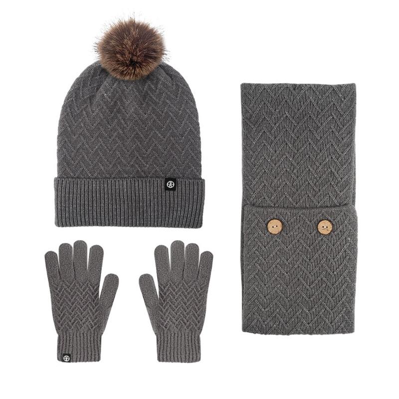 Autumn and winter outdoor cold-proof hairball knitted hat, scarf, gloves three-piece set, warm stack hat three-piece set