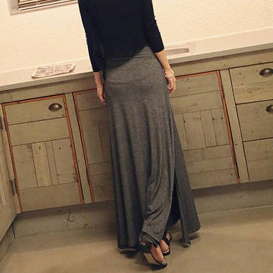 Women Maxi Skirt Adjustable Drawstring High Waist Side Slit Large Hem Long Skirt Solid Color A-Line Skirt
