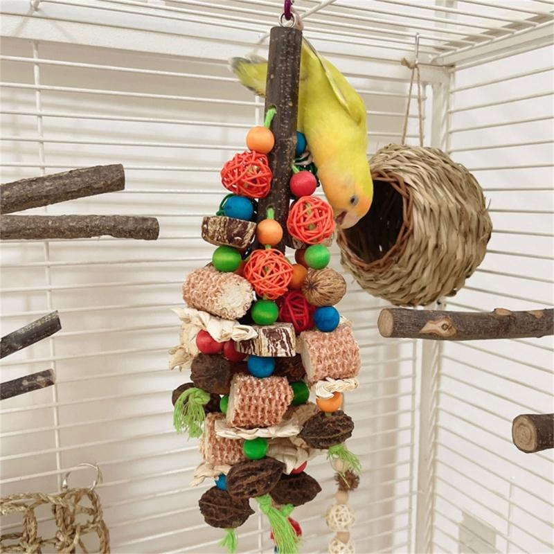 Parrots Toy Birdcage Tearing Rope Toy Multi-Colored Wooden Block Chewing Toy for Medium Large Birds Birdcage Hanging Toy