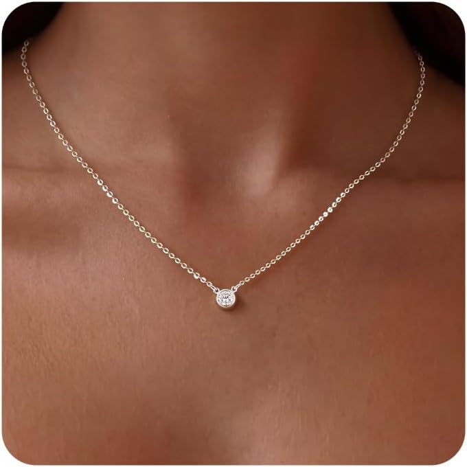 Tewiky Dainty 14k Gold Plated/Silver Cubic Zirconia Necklaces for Women | Simple CZ Jewelry Necklaces Trendy Gifts