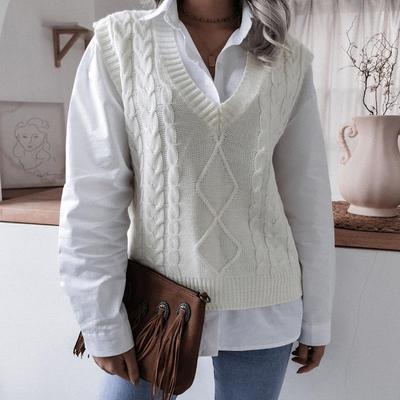 Gilet tricoté pour femmes, pull-over, haut, col en v, col torsadé, sans manches, taille ample, couleur unie, SL, printemps-automne
