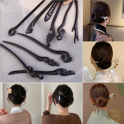 Traditional Wooden Black Hair Sticks Chinese Style Hairpins Carved Wood Hair Fork Vintage Chop Stick Headwear For Women Jewelry