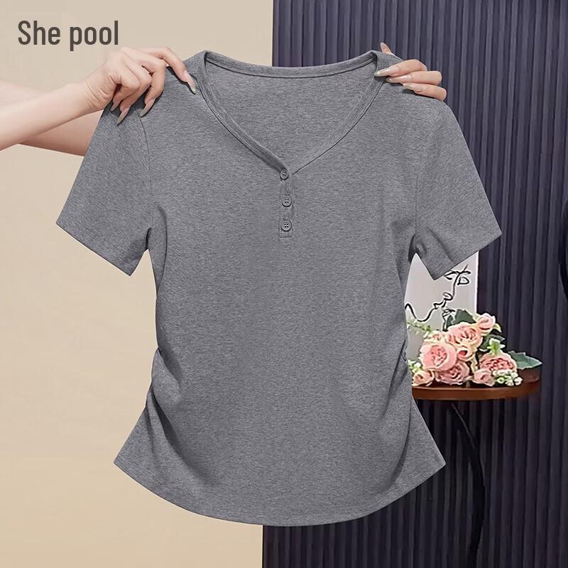 Shechi Women s V-Neck Pleated Waist T-Shirt M