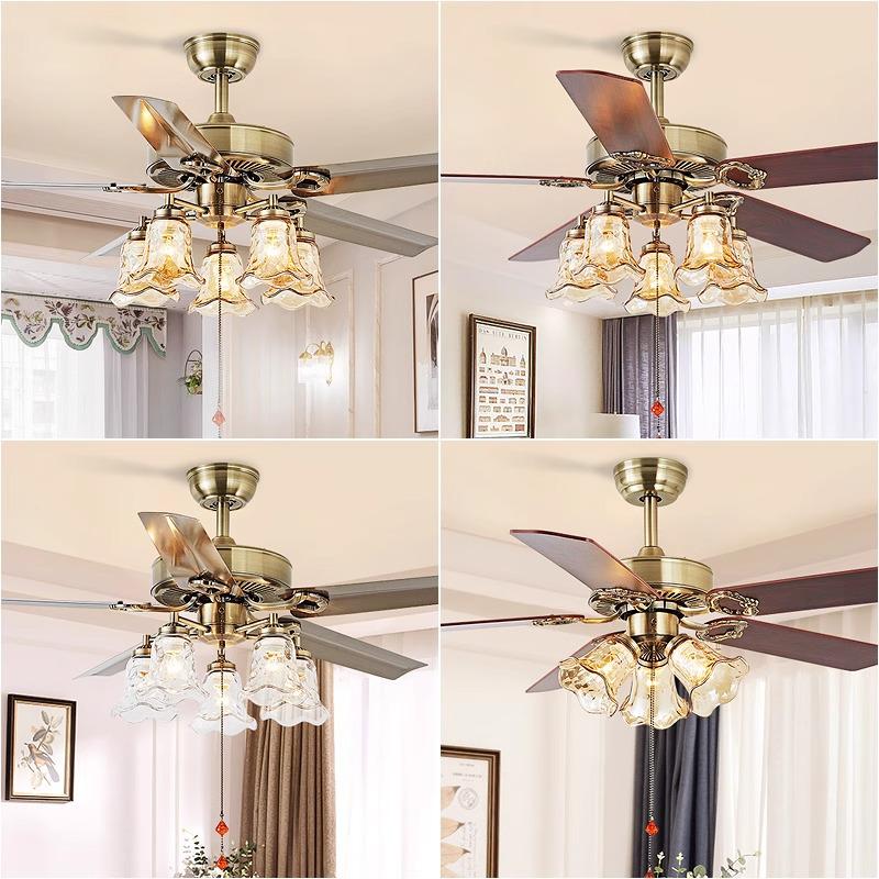 Mid-Century European Retro Ceiling Fan Light with Iron Blades - Variable Frequency High Airflow for Living Rooms or Restaurants.