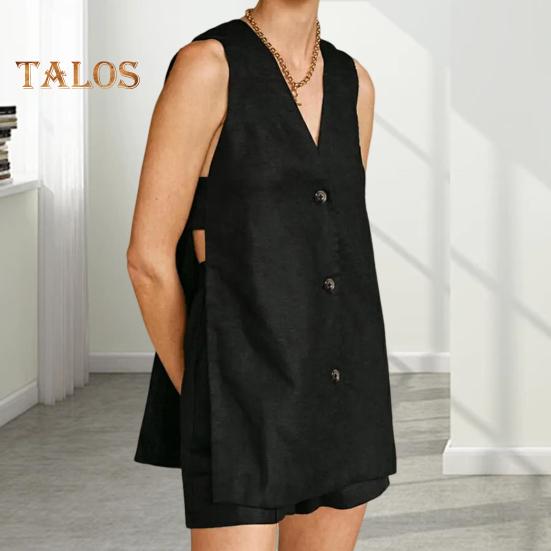 

2 шт./компл., женский топ, шорты, костюм с V-образным вырезом, без рукавов, декор на пуговицах, свободный жилет с боковыми разрезами, высокая талия, однотонные короткие брюки, женские повседневные повседневные брюки M белый