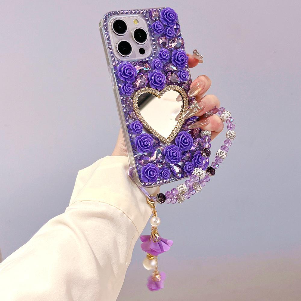 

iPhone 12/14/15/17/16 Pro Max Rhinestone Floral Mirror Case with Bracelet - For Girls iPhone 14