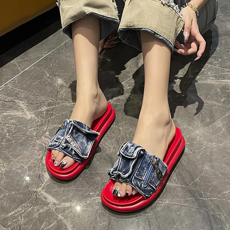 Fashion Cowboy Flats Platform Slippers Women Beach Shoes Summer Sandals Walking Flip Flops 2024 Designer New Casual Femme Zapatos Slides
