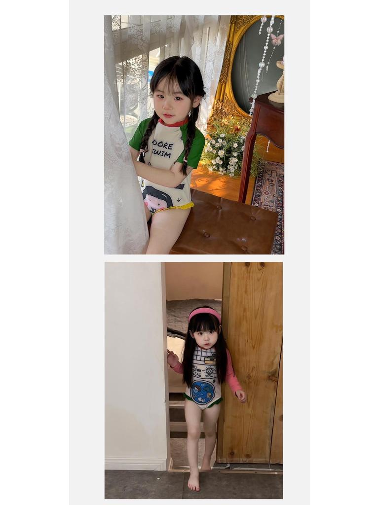 Korean Style Cartoon Lace One-Piece Swimsuit for Girls - Summer Graffiti Design for Small To Medium Children