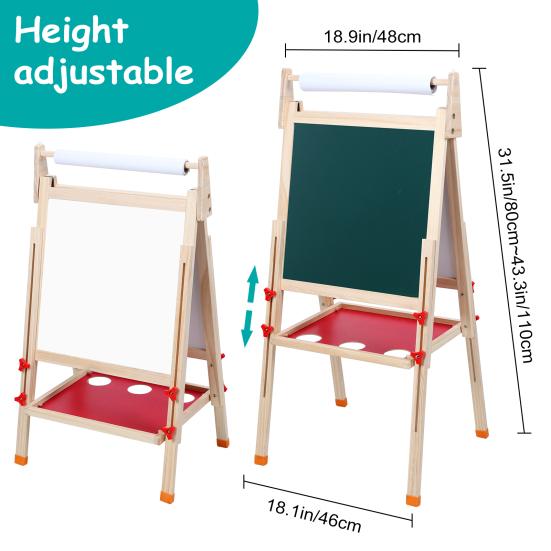 Kids Easel, Toddlers Art Easel, Wooden Kid Easel with Paper Roll, Height Adjustable Magnetic Double Sided Easel, Kids Dry Erase Board