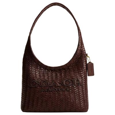 Brooklyn 28 Woven Embroidered Logo Cowhide Shoulder Bag Small Women's Maple