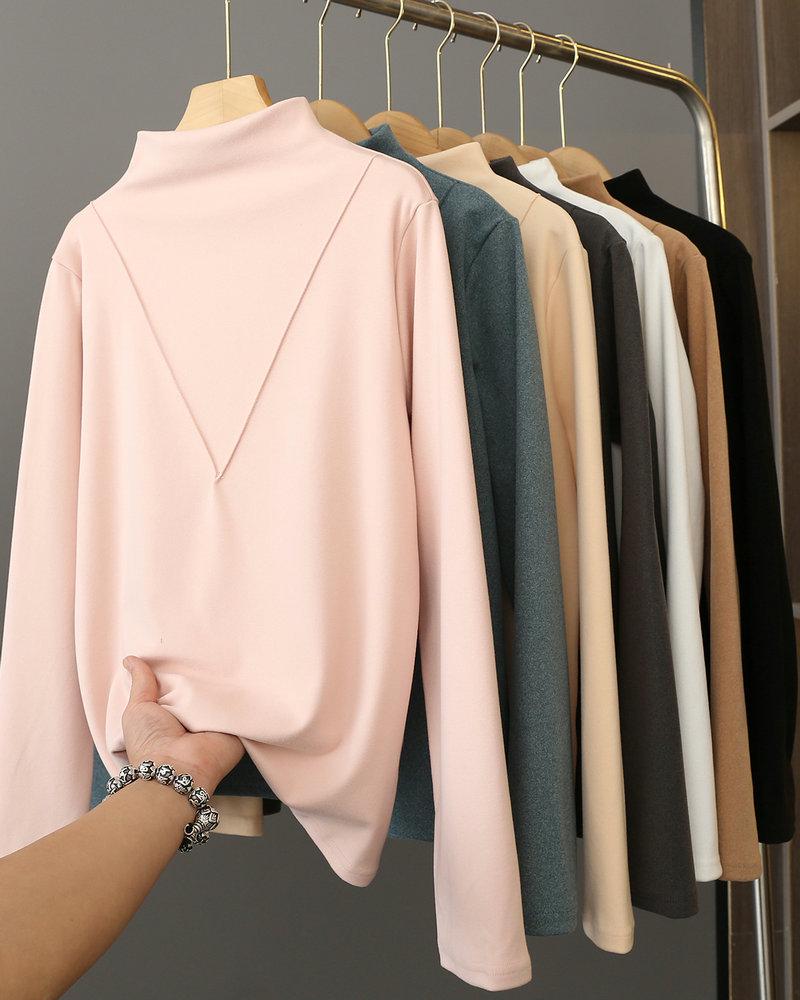 Women's Black Long-Sleeve Half-Turtleneck German Velvet Shirt - Stylish V-Cut Design for Autumn and Winter