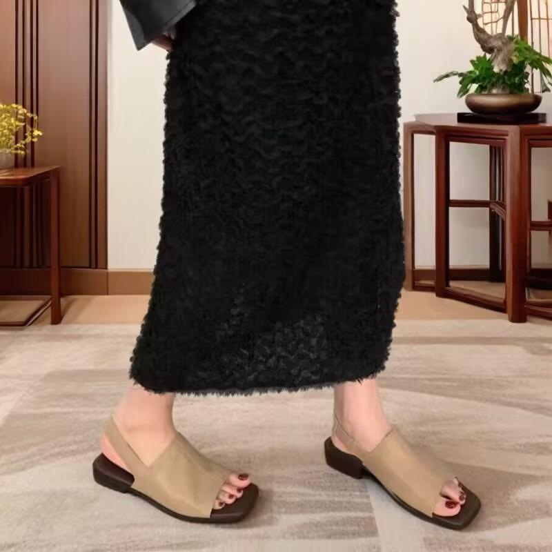 Damesandaler Flate Sandaler Mote Påtrekk Firkanttå Åpen Tå Elastisk Bånd Tøfler Casual Sommer Strand Slidesko