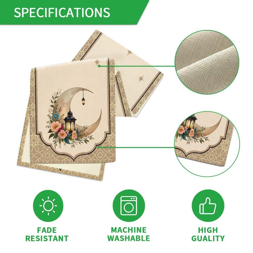 Golden Lantern Ramadan Table Runner White Moon Star Polyester Eid Mubarak Tablecloth Eid Al Fitr Dining Table Decoration