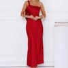 Women's One Shoulder Sleeveless Satin Midi Dress Slim Fit High Waist Solid Color Split Sexy Evening Dress