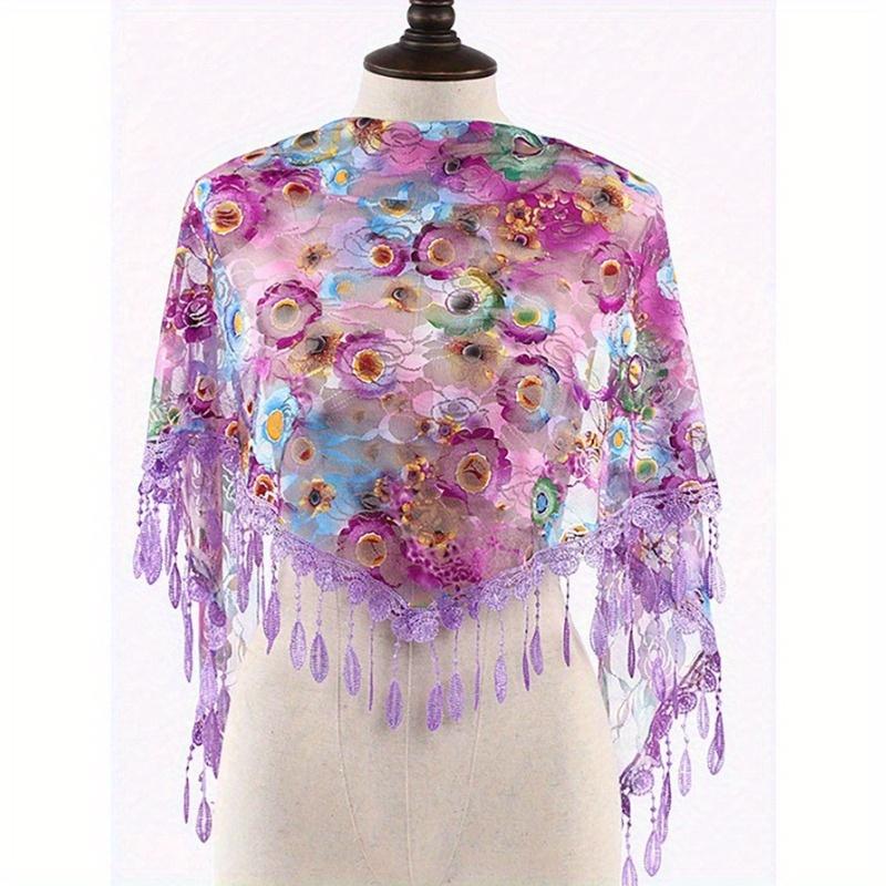 1pc Fashionable Colorful Rose Floral Print Lace Tassel Shawl Scarf, Suitable For Everyday Wear