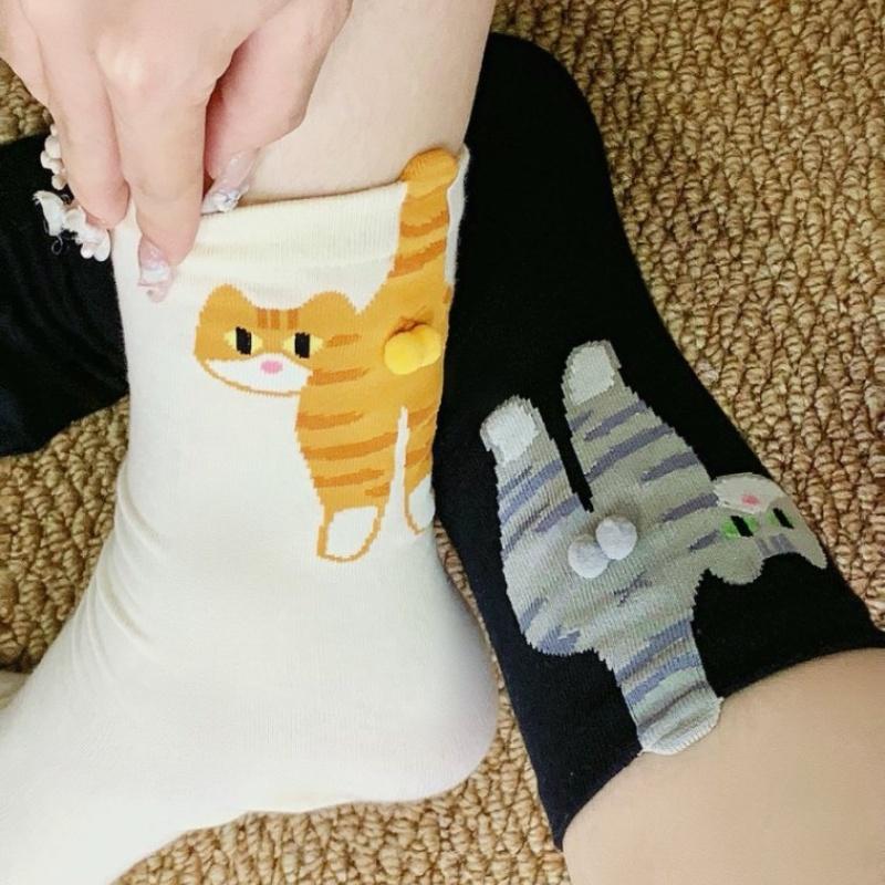 1/2Pair Cartoon Cute Cat Balls Cotton Socks Kawaii Lolita Knitting Socks Women Girls Middle Tube Sock Cat Butt Print Couple Sock
