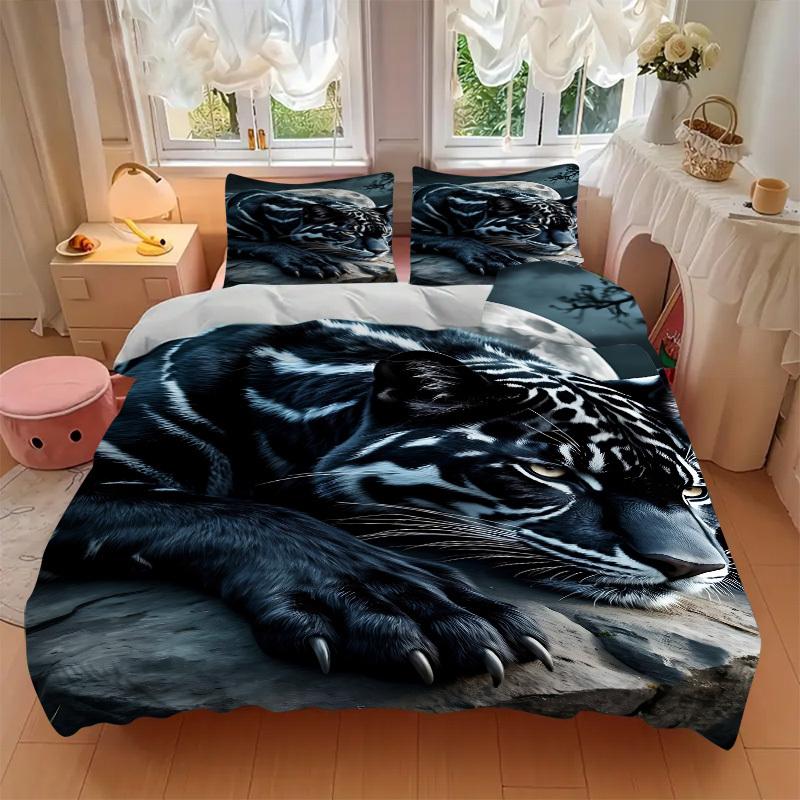 3-teiliges Bettbezug-Set mit Schwarzpanther-Print - Enthält 1 Bettbezug und 2 Kissenbezüge, Ohne Bettdeckenfüllung, Ganzjahres-Heimdekoration yy251111151