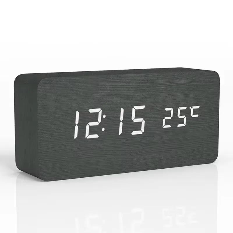 Luminous Wooden Clock Digital Alarm LED Display Electronic Rectangle Desk Table Clocks Temperature Timer Multi Function Eco