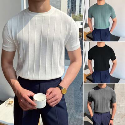 Men Summer T-shirt Round Neck Short Sleeves Solid Color Slim Fit Elastic Pullover Casual Mid Length Straight Men Fitness Sport Gym Top