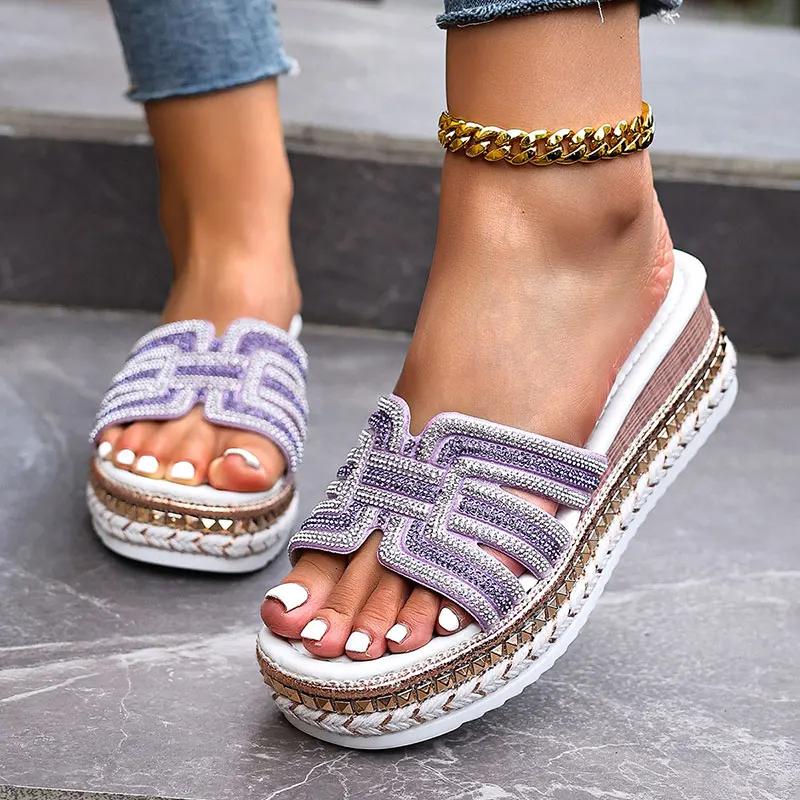 Fashion Purple Wedges Sandals Women Shiny Crystal Rivet Decor Thick Sole Slippers Plus Size Comfort Chunky Platform Beach Shoes