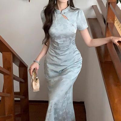 Chinese Style Improved Cheongsam Dark Pattern Short Sleeve Hollow Button Dress High Sense Fishtail Long Dress Women's Summer Wholesale