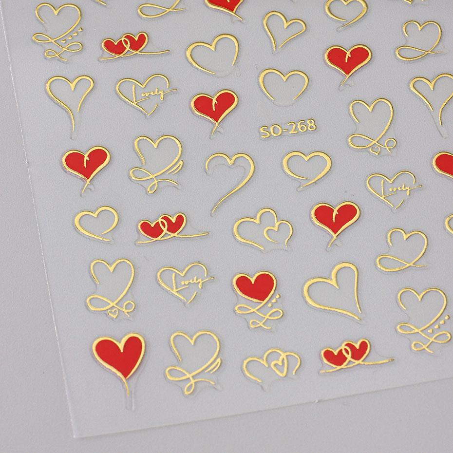 Heart Nail Decals 3D Red Pink Golden Love Design Nail Stickers Adhesive Valentine Sweet Nail Manicure Slider