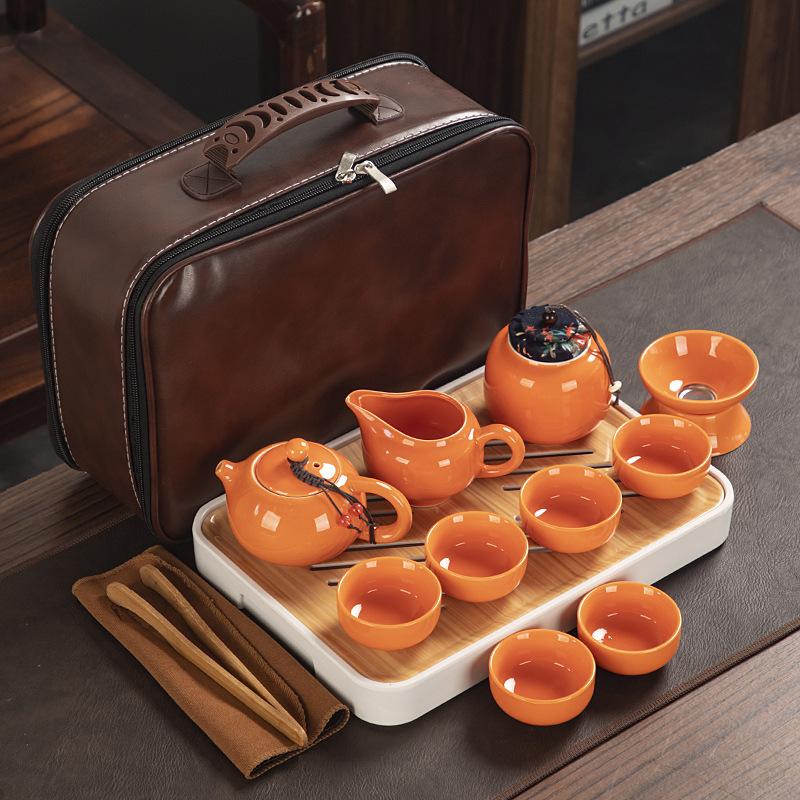Travel ceramic Kung Fu tea set, tea tray, a full set of portable storage bags, practical business gifts for customers