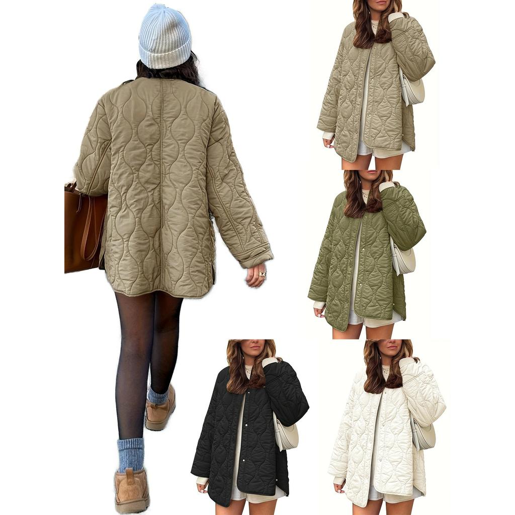 Autumn and Winter Style Quilted Thread Decoration Simple Solid Color Round Neck Loose Cotton Coat
