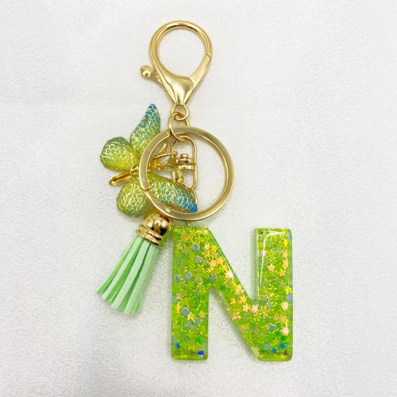 26-Letter Alphabet Resin Keychain with Star Sequins & Tassel Charm