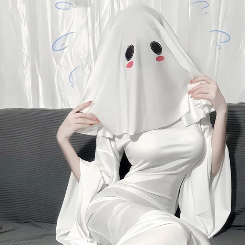White Phantom Hooded Scarf For Horror Cosplay Stretchy Polyester Fabric Head Cover Ideal For Haunted House Event