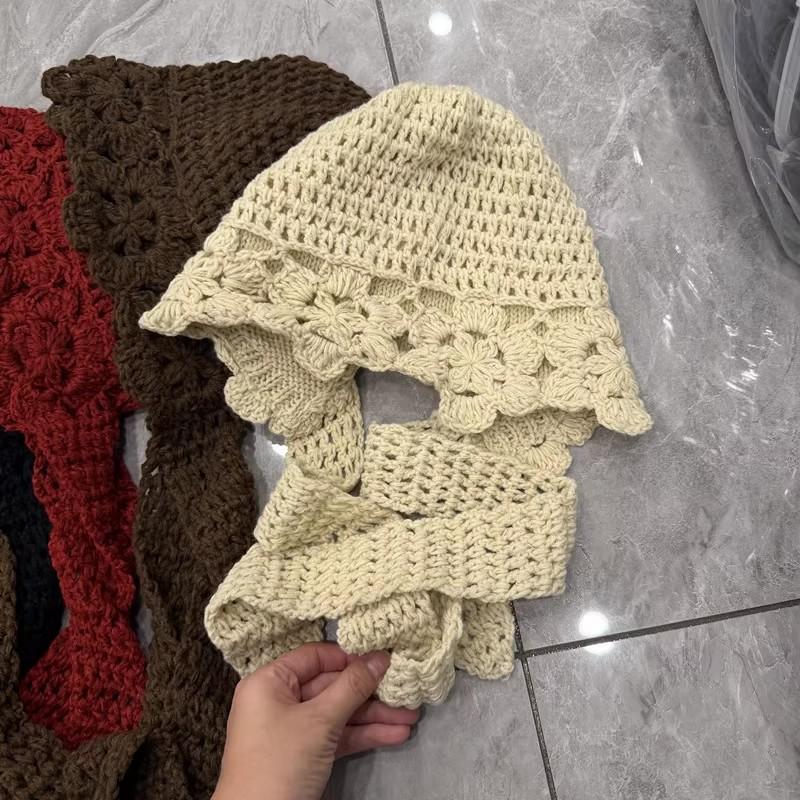Cute age-reducing lace thin wool hat female versatile Internet celebrity knitted doll hat irregular one-piece scarf winter