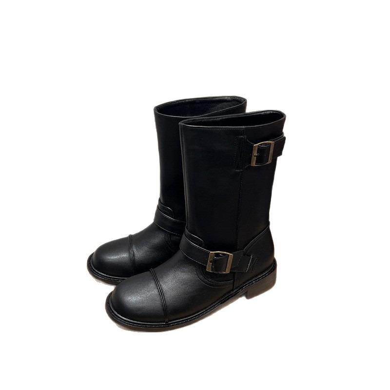Cowhide Version~ Leather Thick-soled Belt Buckle Wide Tube Medium Tube Locomotive Boots Knight Boots Women's Martin Boots Long Boots