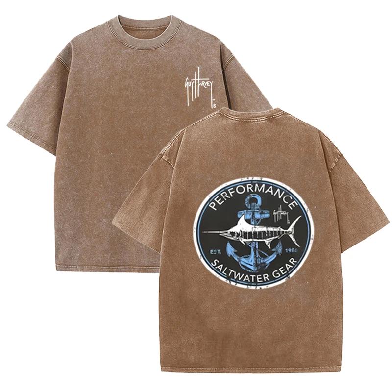 Retro Guy Harvey Saltwater Gear T Shirt Double Sided Print Washed Fishing Tee S разноцветный