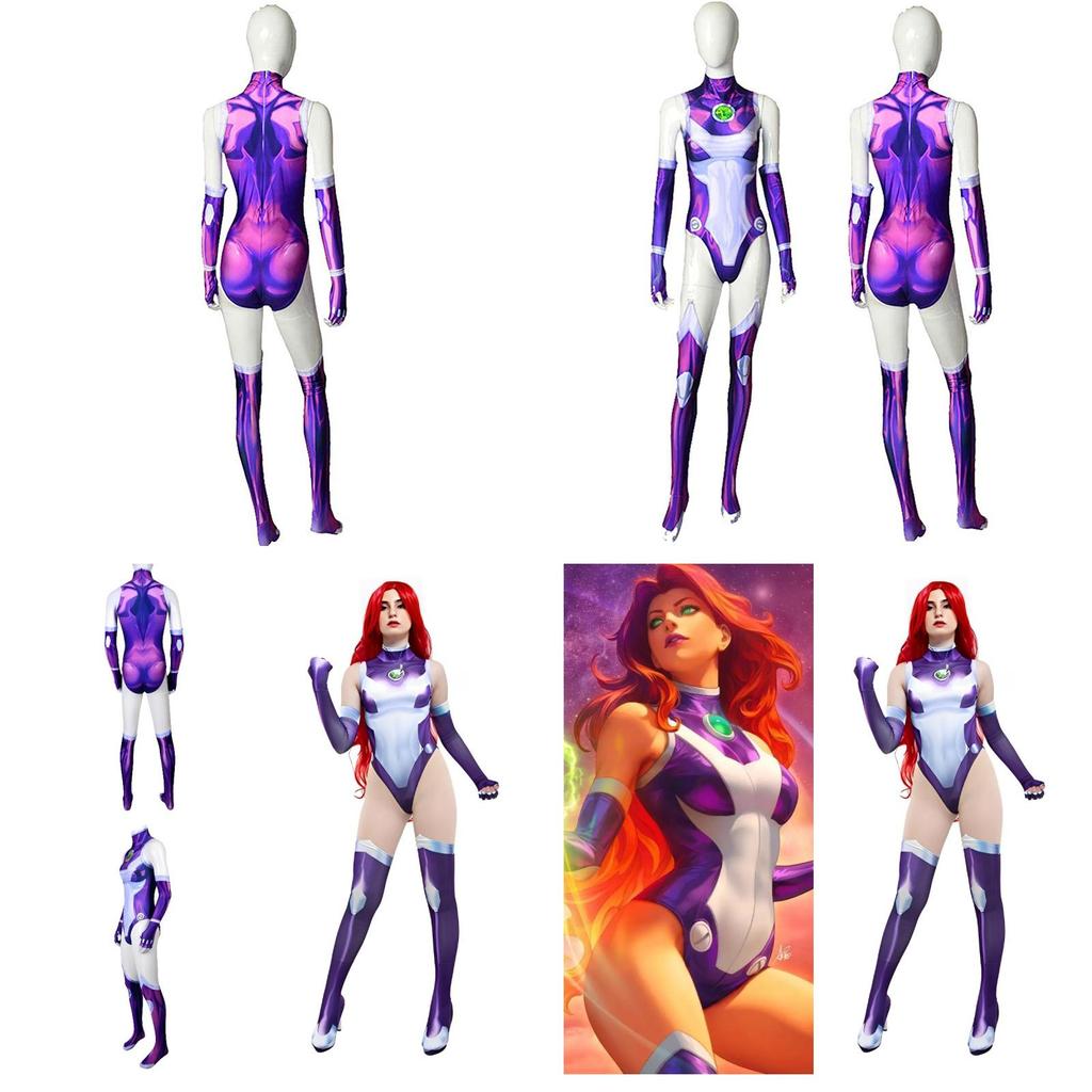 Tuta Cosplay di Starfire dei Teen Titans Costume di Halloween per Adulti Bambini Stampa 3D Tessuto Elastico Traspirante