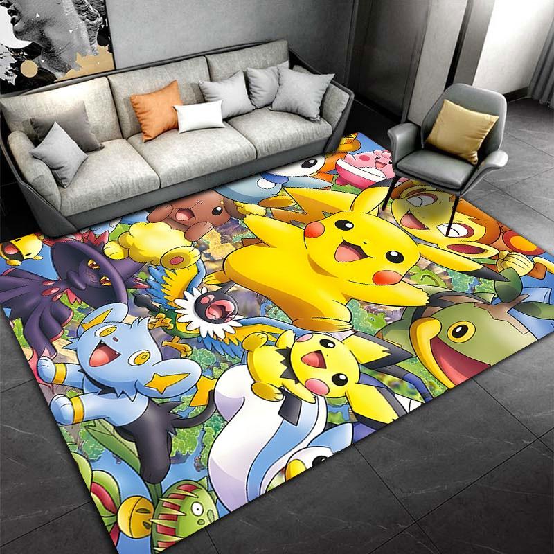 Pikachu Center Surrounded by Many Pokemon Area Rug, Bright Friendship Anime Collage Style Design, Cozy Fan Carpet Decor and All Seasons Gift