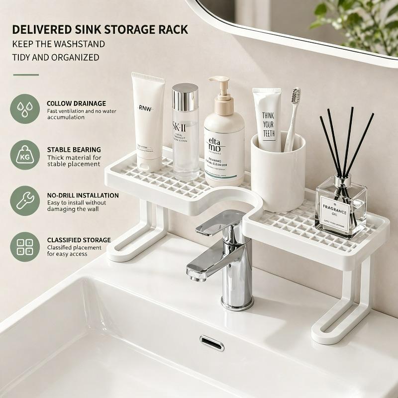 No Drill Plastic Bathroom Sink Rganizer Shelf Faucet Storage Rack Countertop Washbasin Drainer Shelf