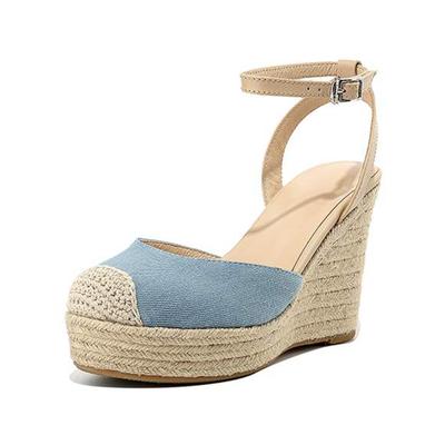 Zapatos de Verano Otoño de Piel de Vaca Punta Redonda Tacones de Cuña Correas al Tobillo Tejido de Hierba Zapatos de Salón para Mujer
