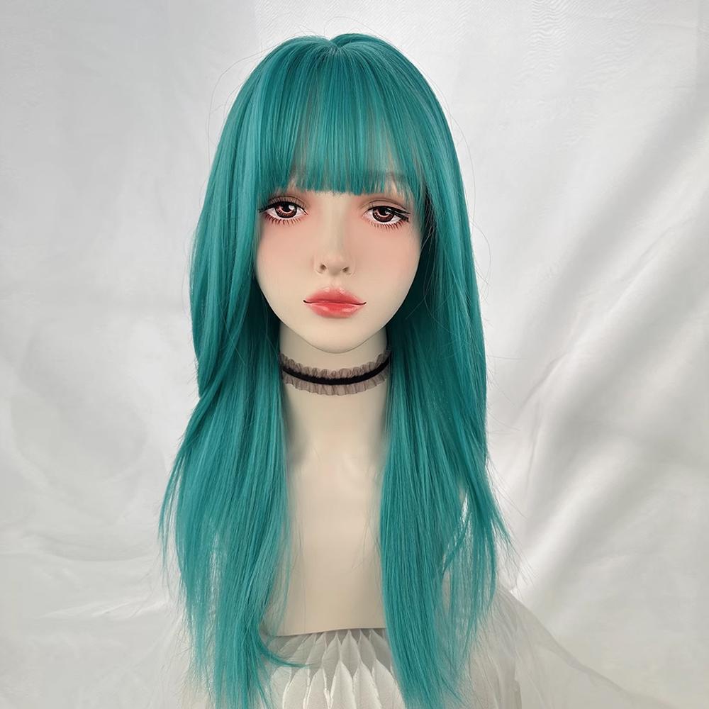 Green Blue Synthetic Long Straight Women Wig with Bangs Lolita Cosplay Fluffy Heat Resistant Wig for Daily Party